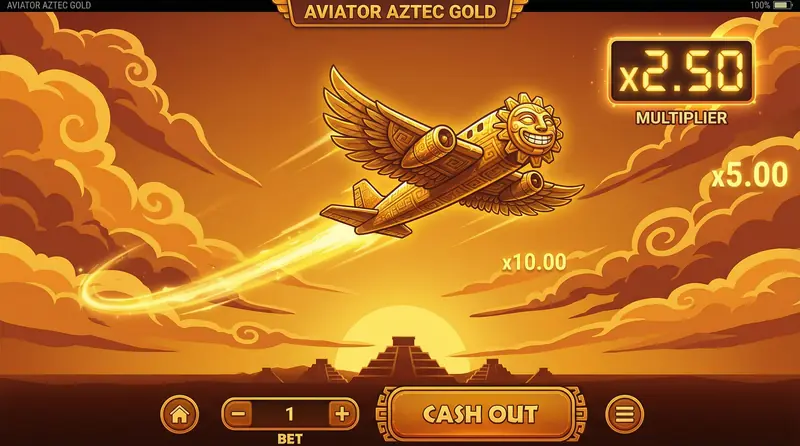 Interfaz del juego Aviator con avión azteca volando y multiplicador creciendo