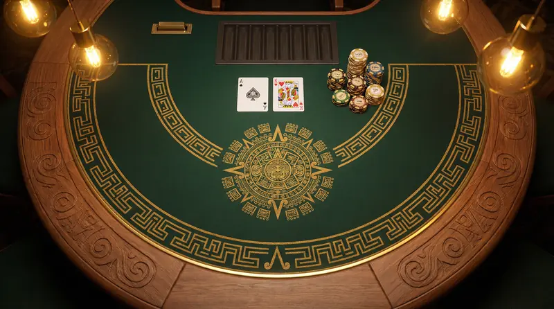 Mesa de blackjack con diseño azteca mostrando una mano ganadora de 21