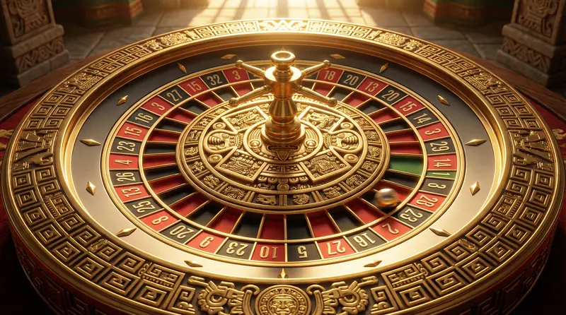 Ruleta dorada con motivos aztecas del sol girando con la bola en movimiento